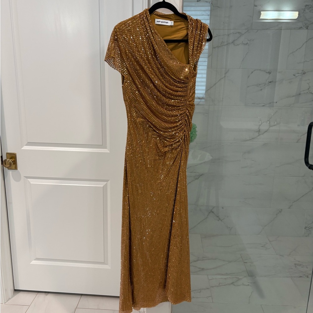 Self Portrait GOLD RHINESTONE DRAPE MIDI DRESS size 6 - Picture 8 of 13